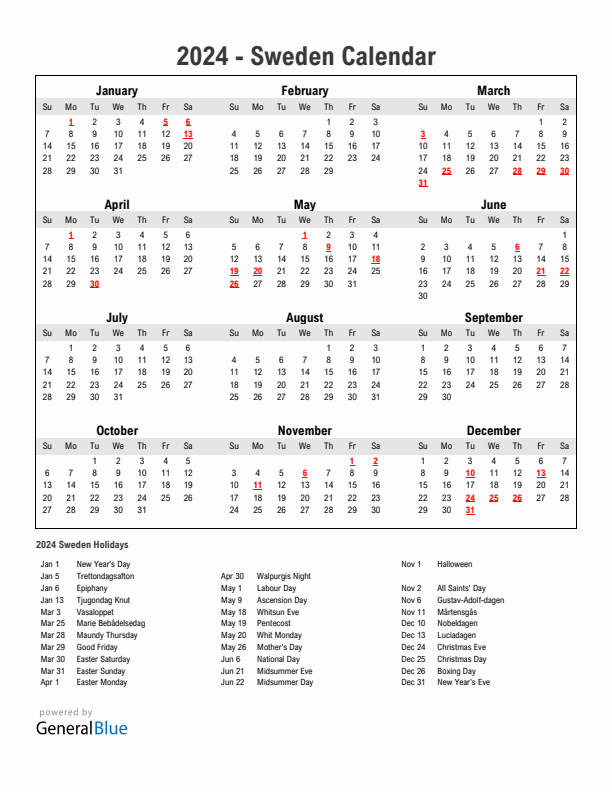 Year 2024 Simple Calendar With Holidays in Sweden
