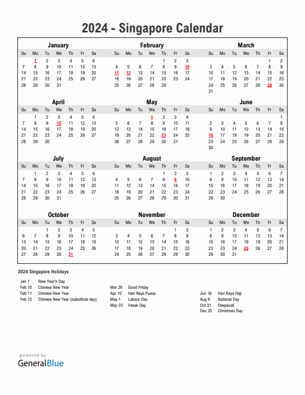 Year 2024 Simple Calendar With Holidays in Singapore