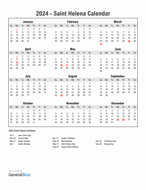Year 2024 Simple Calendar With Holidays in Saint Helena