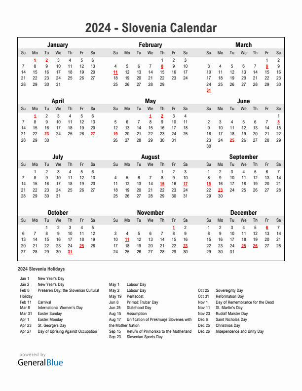 Year 2024 Simple Calendar With Holidays in Slovenia