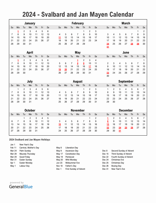 Year 2024 Simple Calendar With Holidays in Svalbard and Jan Mayen