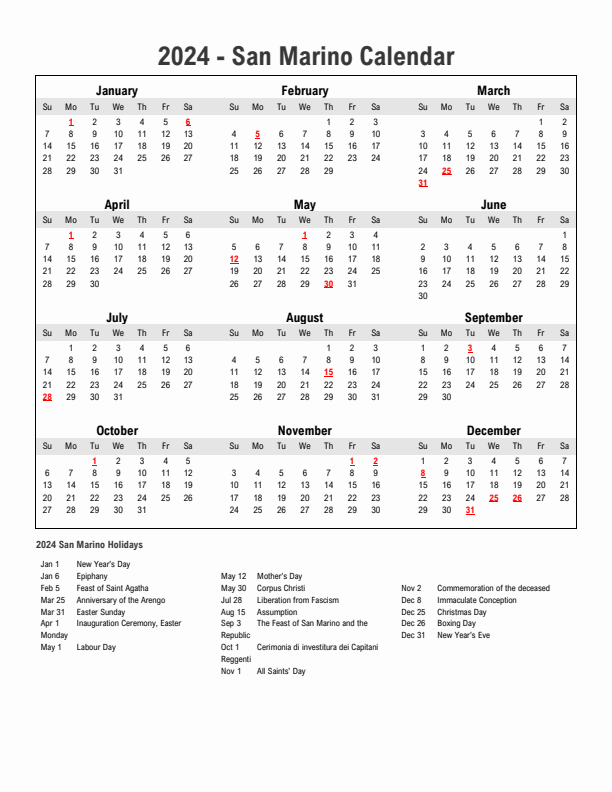 Year 2024 Simple Calendar With Holidays in San Marino