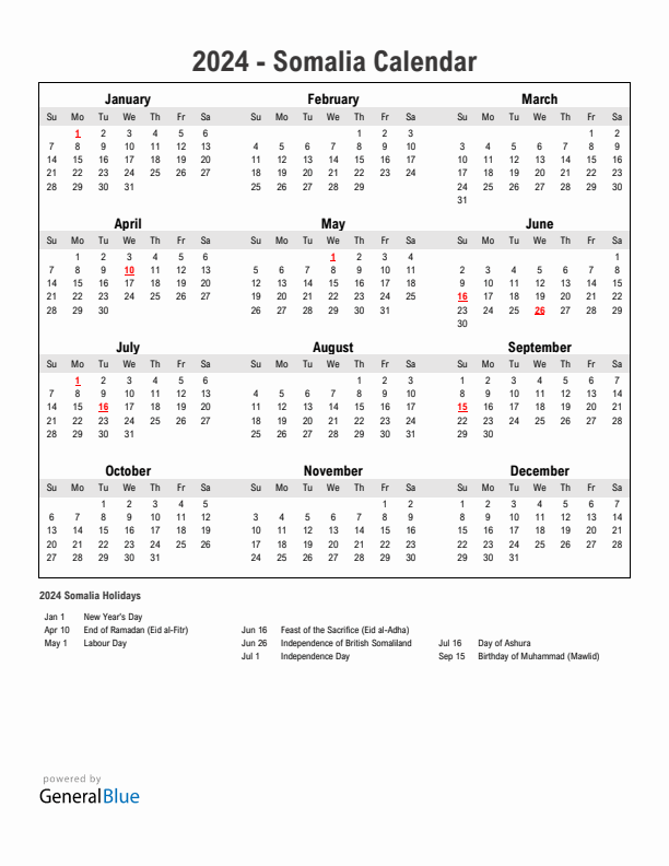Year 2024 Simple Calendar With Holidays in Somalia