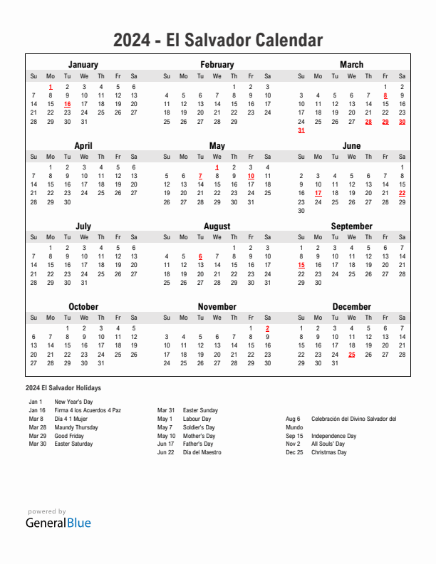 Year 2024 Simple Calendar With Holidays in El Salvador