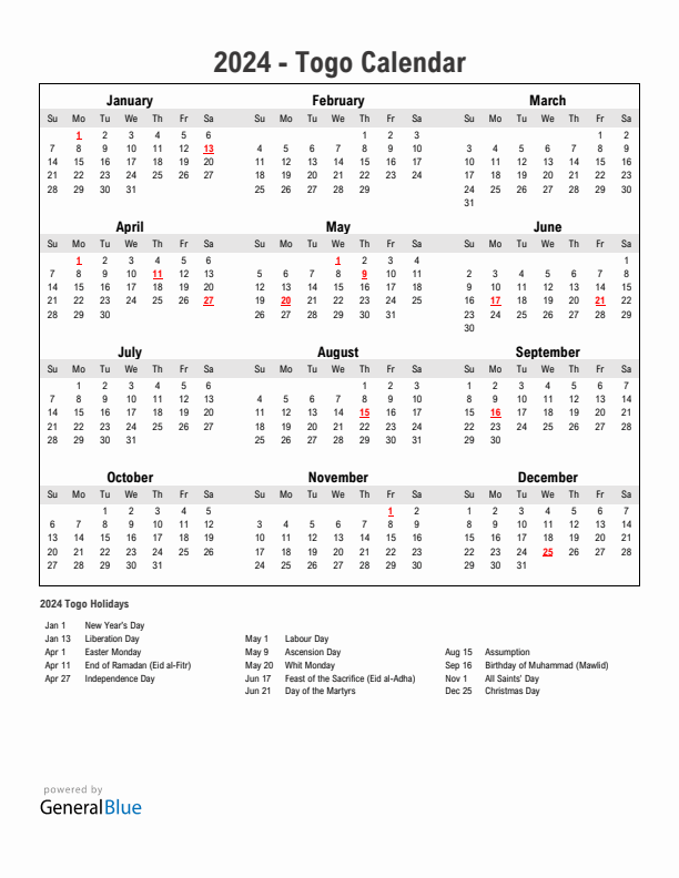 Year 2024 Simple Calendar With Holidays in Togo