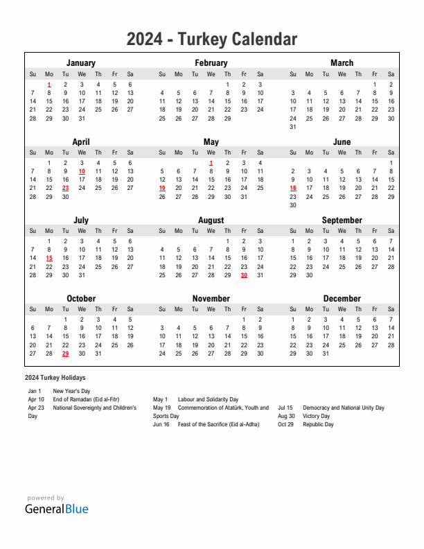 Year 2024 Simple Calendar With Holidays in Turkey