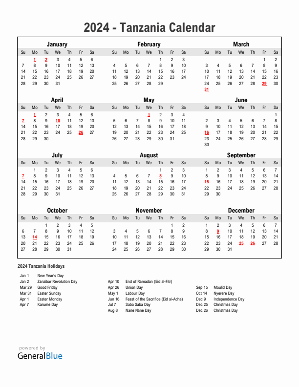 Year 2024 Simple Calendar With Holidays in Tanzania