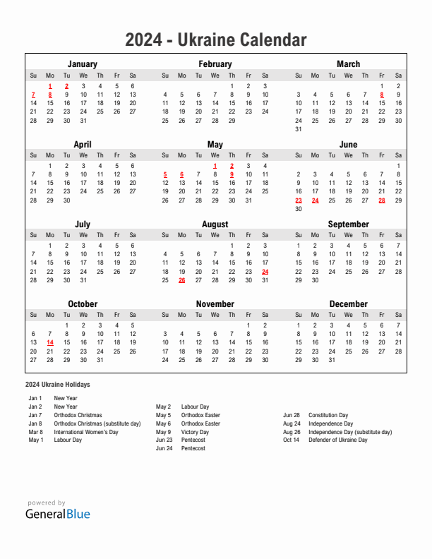 Year 2024 Simple Calendar With Holidays in Ukraine