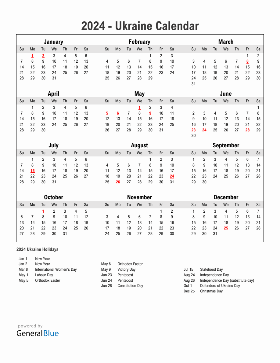 Year 2024 Simple Calendar With Holidays In Ukraine   2024 Calendar Simple With Holidays Portrait Sunday Start En Ua 918x1188 