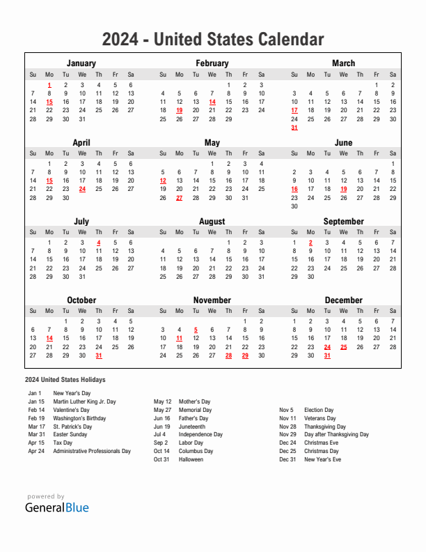 Year 2024 Simple Calendar With Holidays in United States