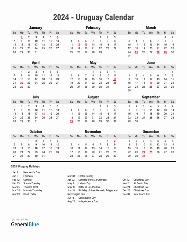Year 2024 Simple Calendar With Holidays in Uruguay