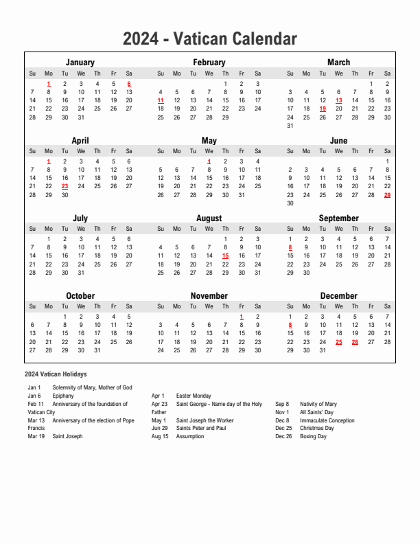 Year 2024 Simple Calendar With Holidays in Vatican