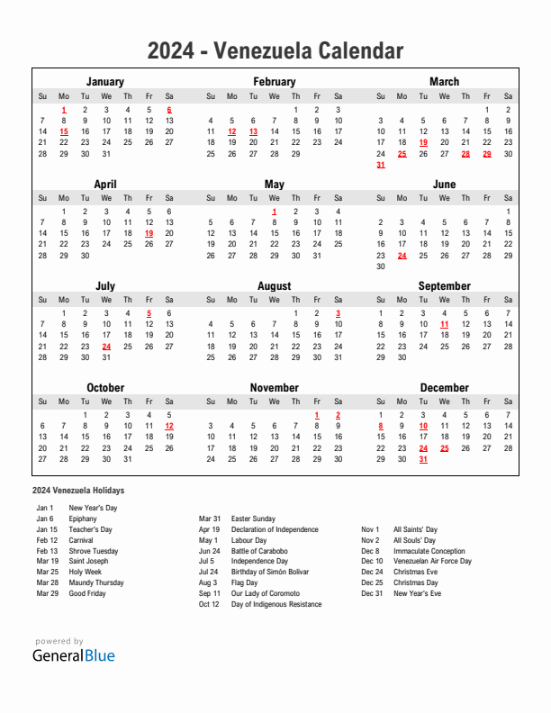 Year 2024 Simple Calendar With Holidays in Venezuela