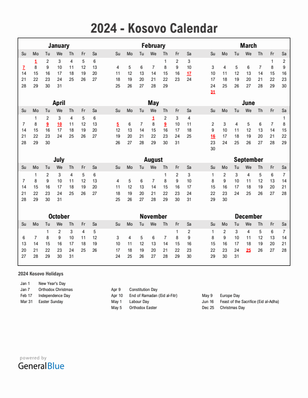 Year 2024 Simple Calendar With Holidays in Kosovo
