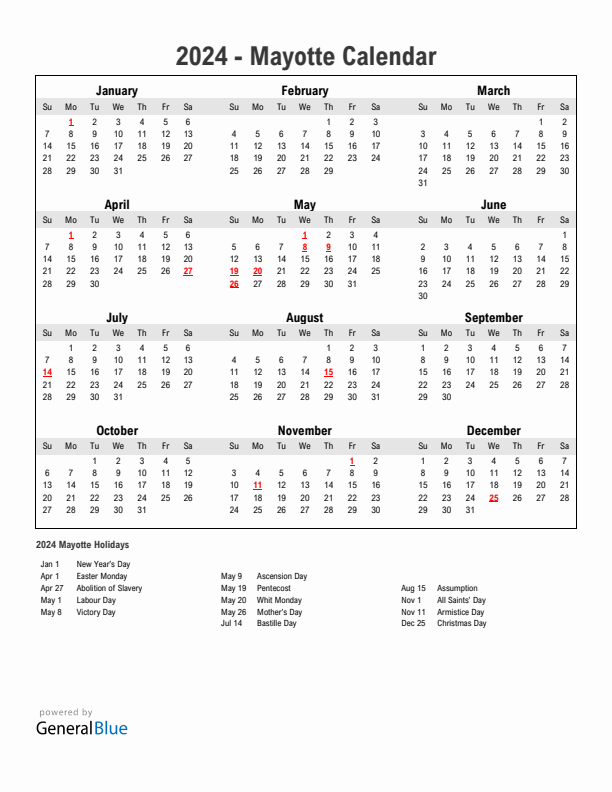 Year 2024 Simple Calendar With Holidays in Mayotte