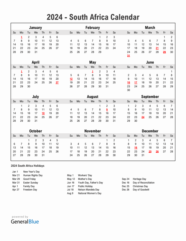 Year 2024 Simple Calendar With Holidays in South Africa