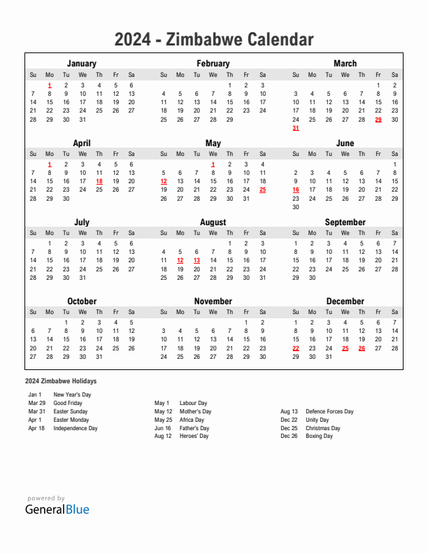 Year 2024 Simple Calendar With Holidays in Zimbabwe