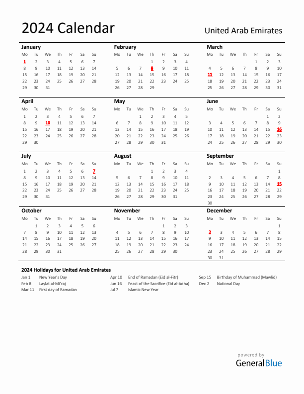 Standard Holiday Calendar for 2024 with United Arab Emirates Holidays 