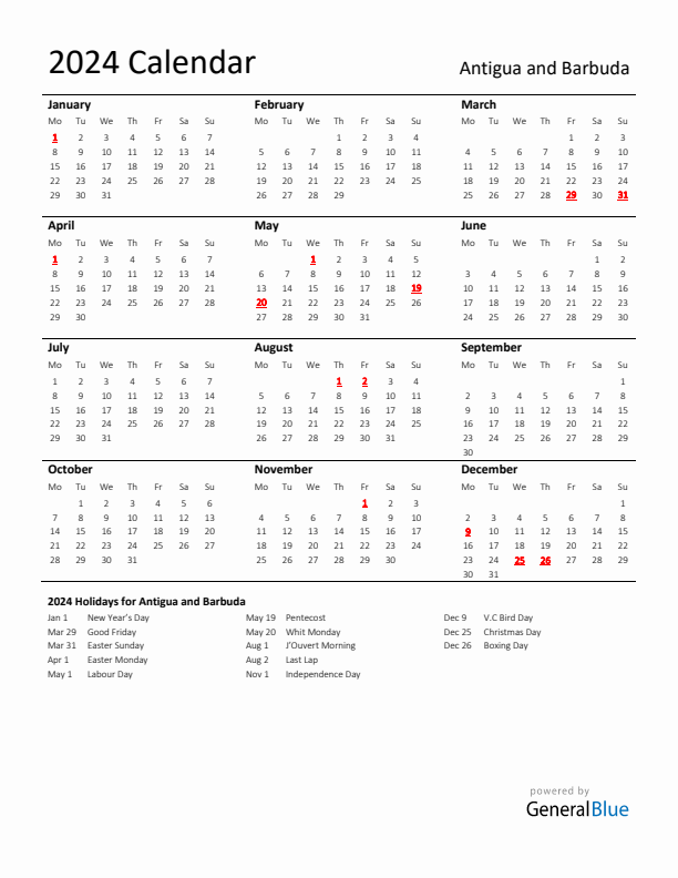 Standard Holiday Calendar for 2024 with Antigua and Barbuda Holidays 