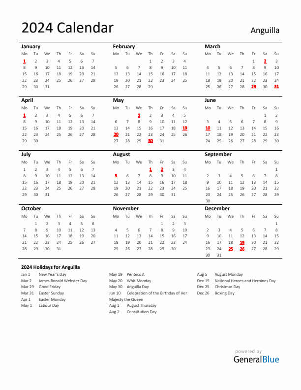 Standard Holiday Calendar for 2024 with Anguilla Holidays 