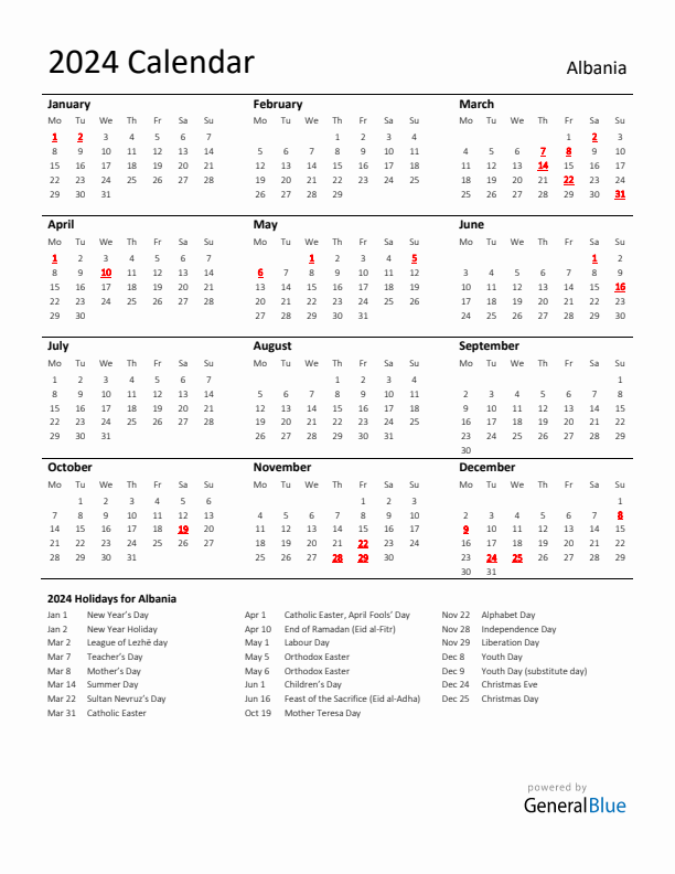 Standard Holiday Calendar for 2024 with Albania Holidays 
