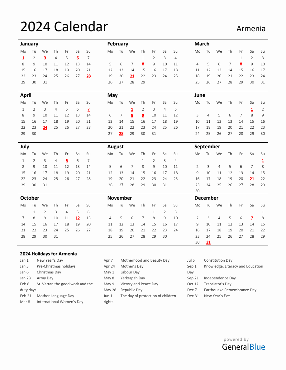 Standard Holiday Calendar for 2024 with Armenia Holidays