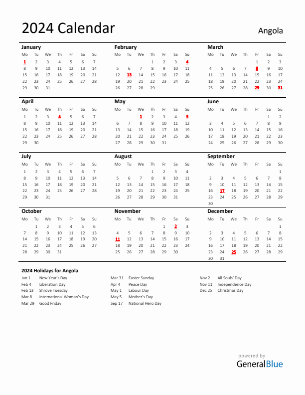 Standard Holiday Calendar for 2024 with Angola Holidays 