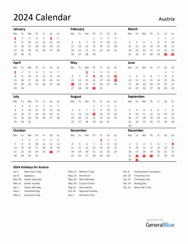 Standard Holiday Calendar for 2024 with Austria Holidays 