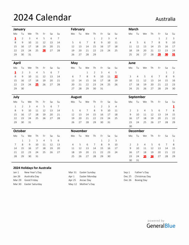 Standard Holiday Calendar for 2024 with Australia Holidays 