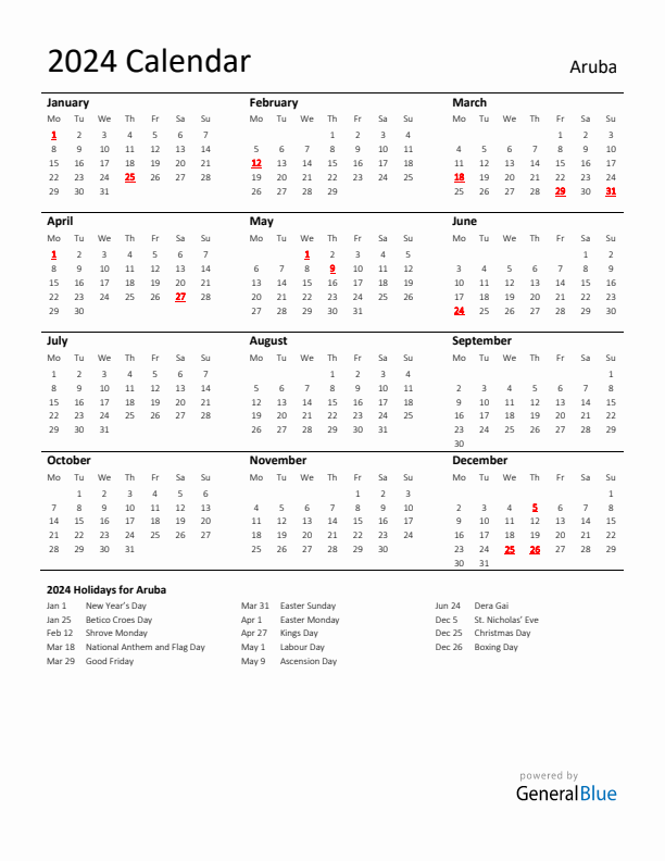 Standard Holiday Calendar for 2024 with Aruba Holidays 