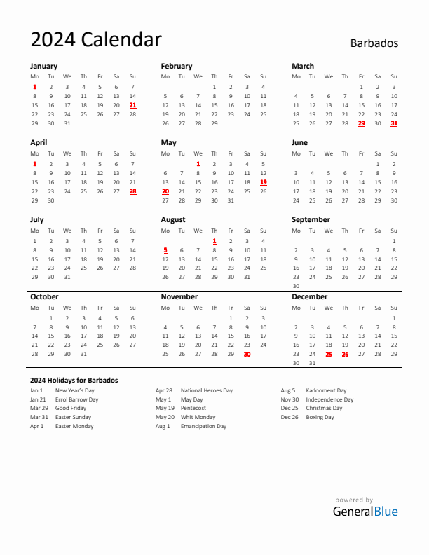 Standard Holiday Calendar for 2024 with Barbados Holidays 