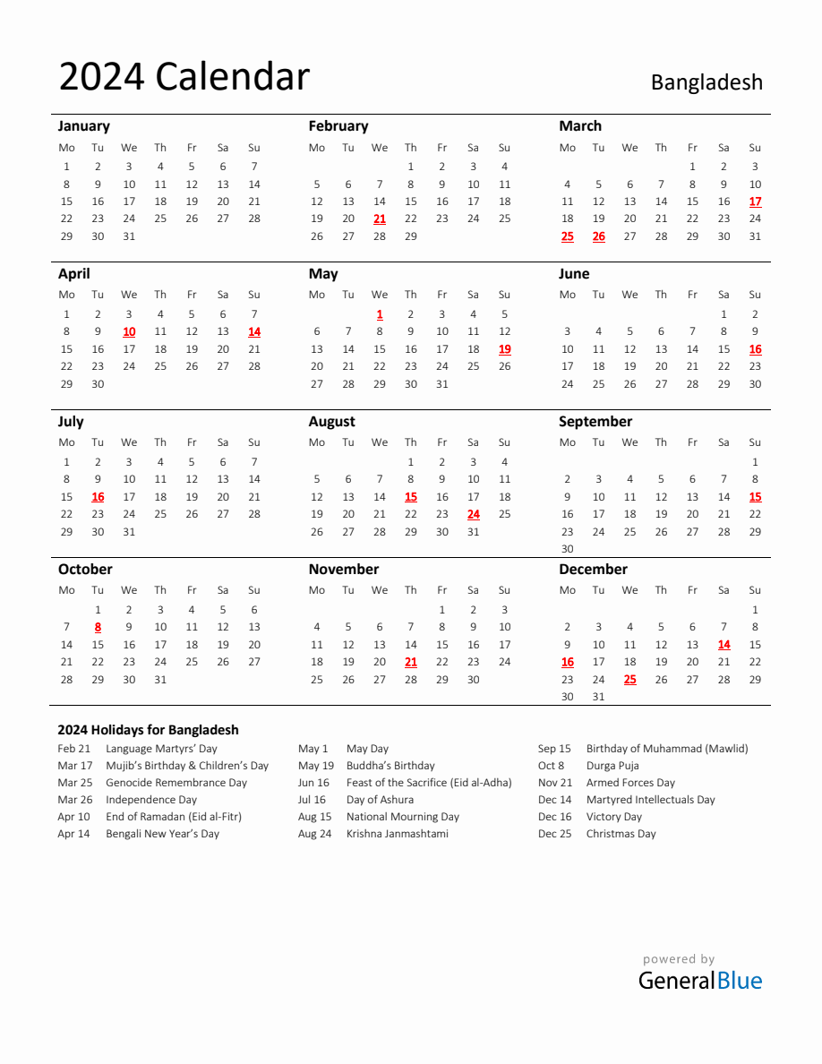 Standard Holiday Calendar for 2024 with Bangladesh Holidays