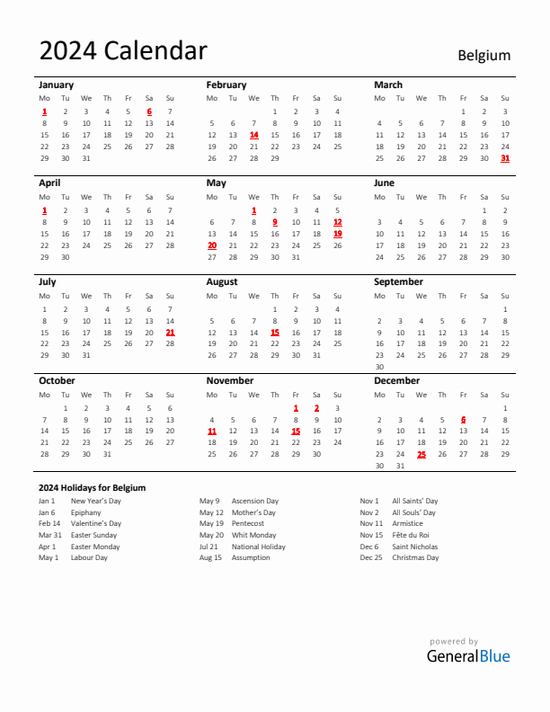 Standard Holiday Calendar for 2024 with Belgium Holidays 