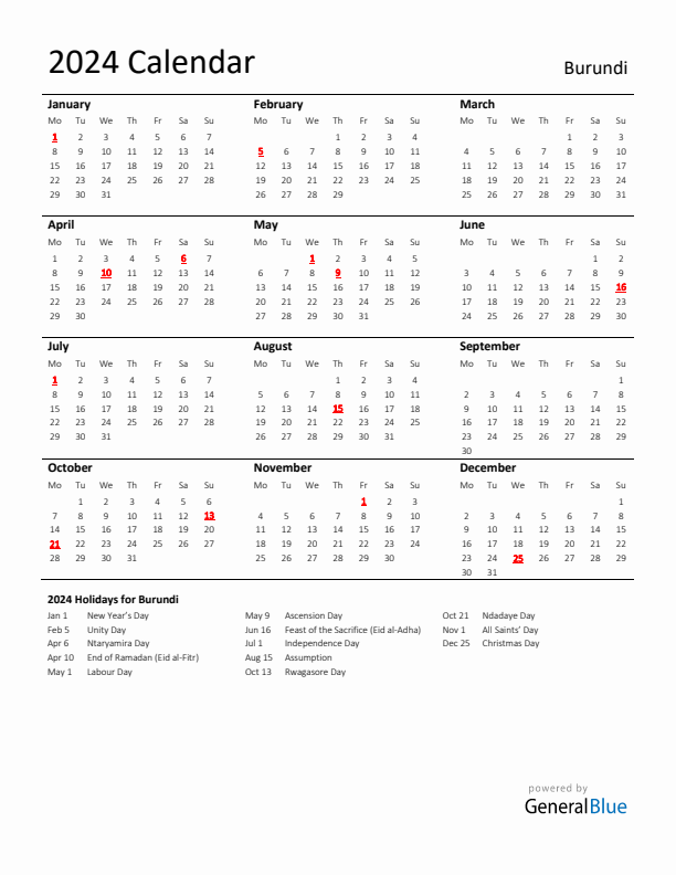 Standard Holiday Calendar for 2024 with Burundi Holidays 