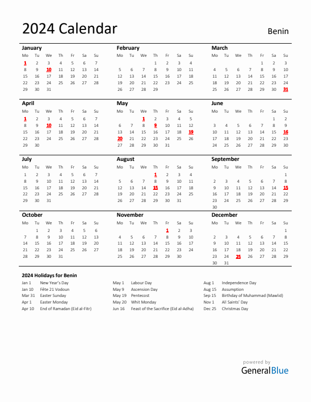 Standard Holiday Calendar for 2024 with Benin Holidays 