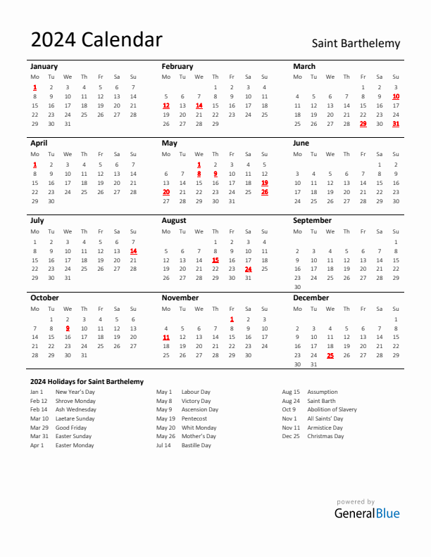 Standard Holiday Calendar for 2024 with Saint Barthelemy Holidays 