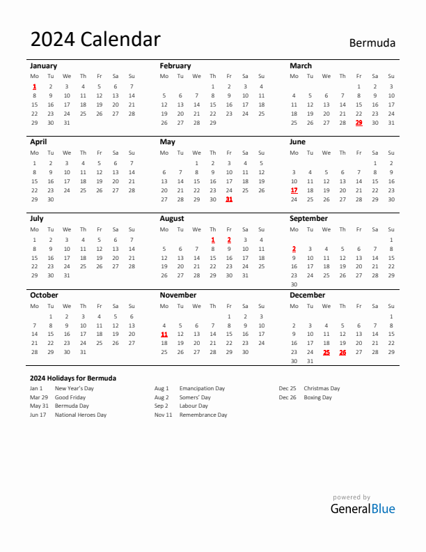 Standard Holiday Calendar for 2024 with Bermuda Holidays 