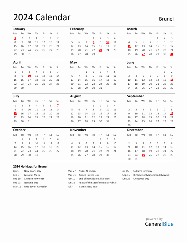 Standard Holiday Calendar for 2024 with Brunei Holidays 