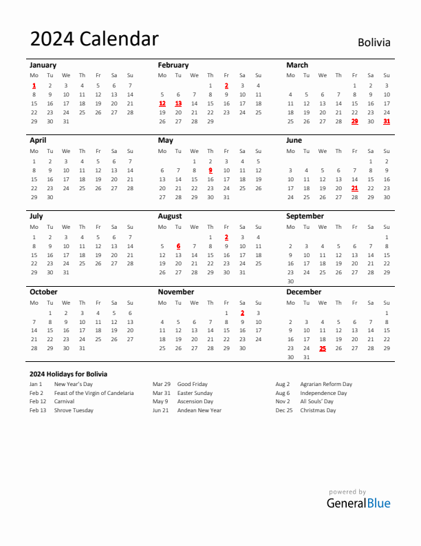 Standard Holiday Calendar for 2024 with Bolivia Holidays 