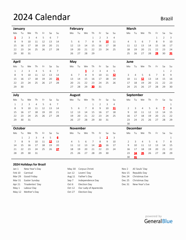 Standard Holiday Calendar for 2024 with Brazil Holidays 