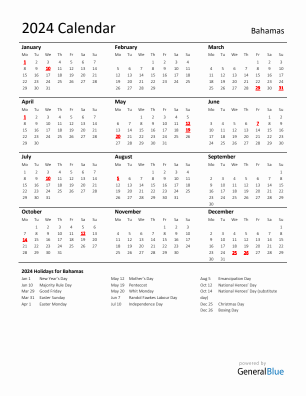 Standard Holiday Calendar for 2024 with Bahamas Holidays 