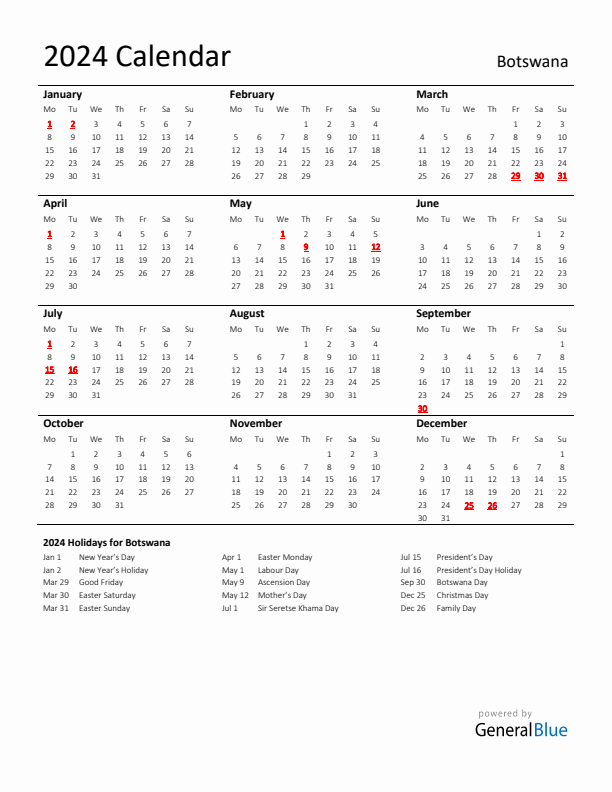 Standard Holiday Calendar for 2024 with Botswana Holidays 