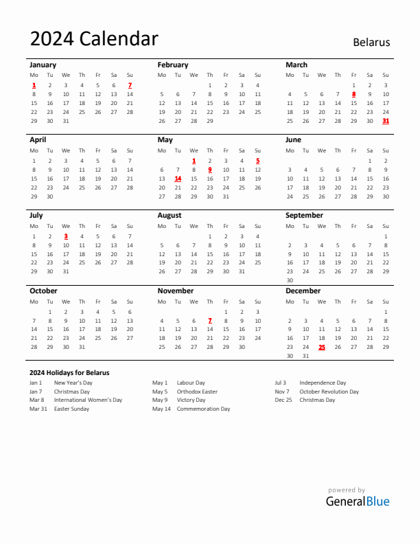 Standard Holiday Calendar for 2024 with Belarus Holidays 