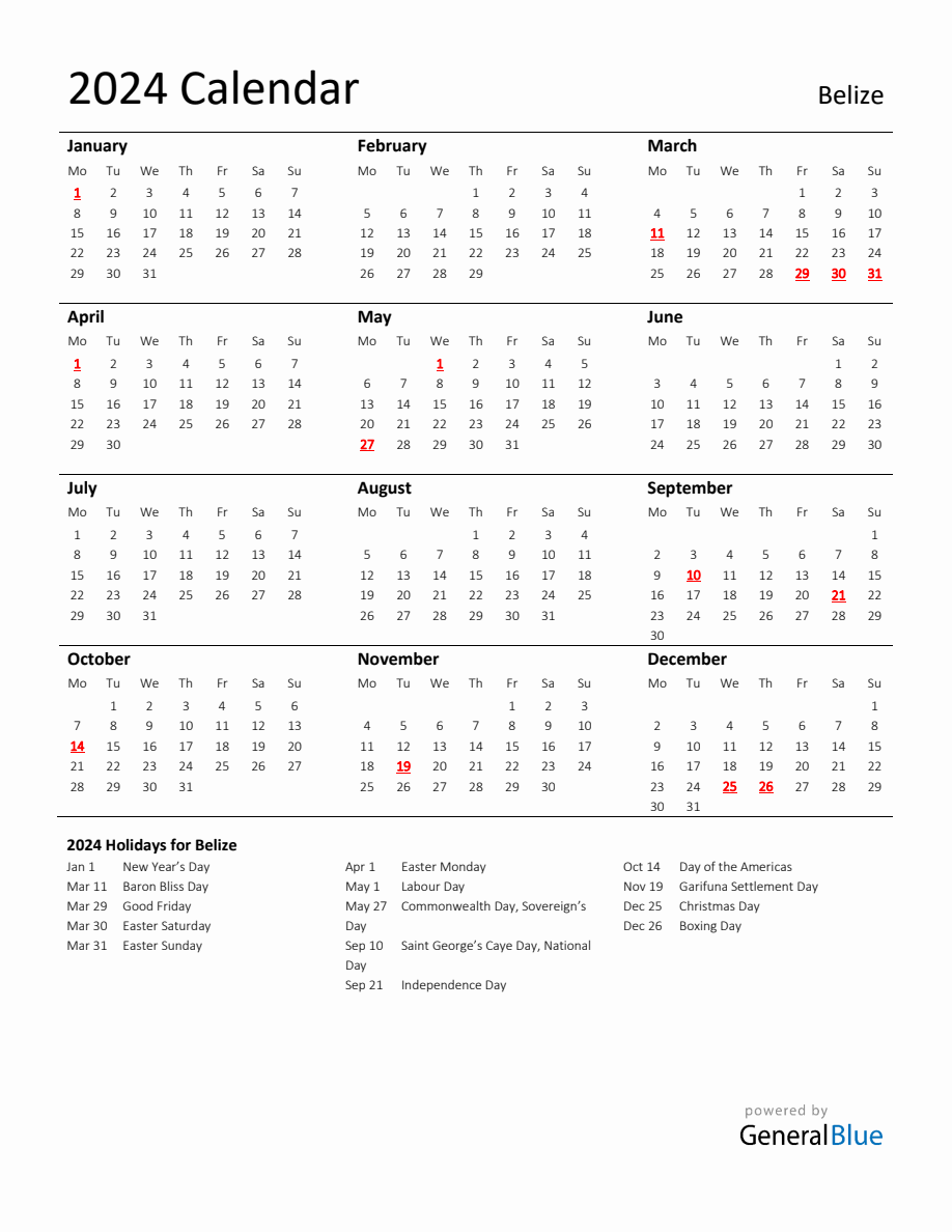 Standard Holiday Calendar for 2024 with Belize Holidays