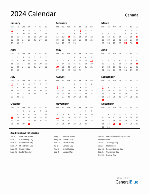 Standard Holiday Calendar for 2024 with Canada Holidays 