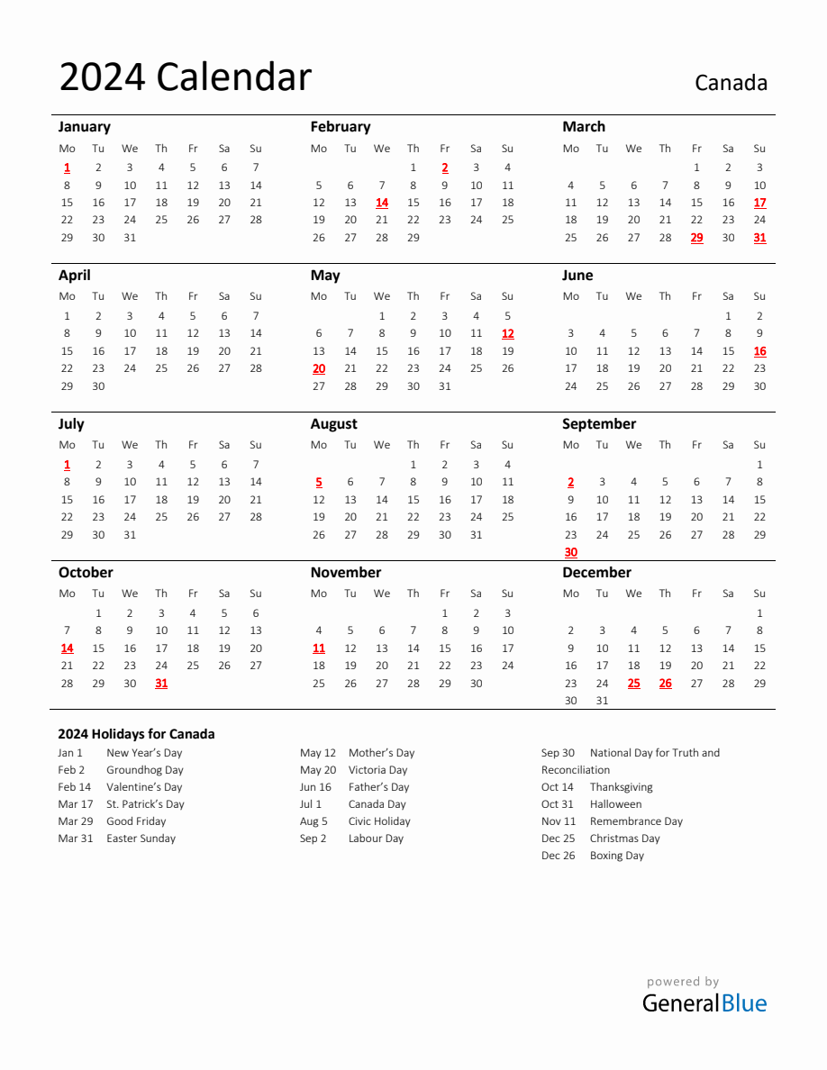 Standard Holiday Calendar for 2024 with Canada Holidays