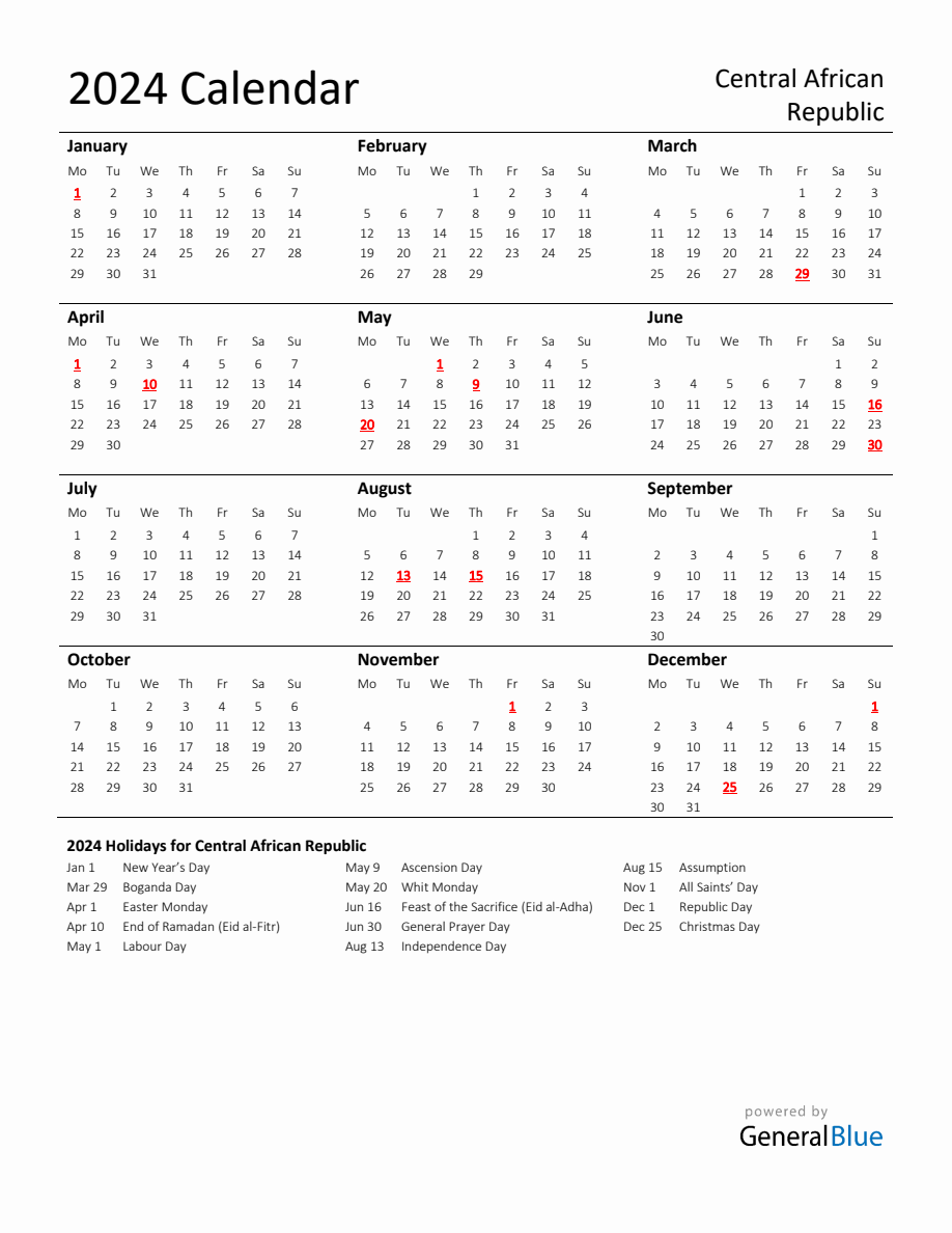 Standard Holiday Calendar for 2024 with Central African Republic Holidays