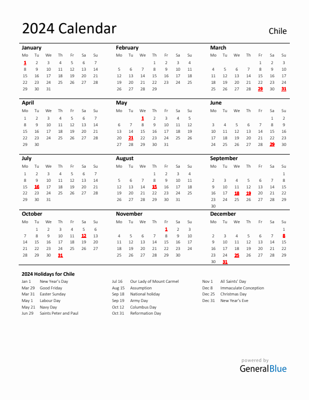 Standard Holiday Calendar for 2024 with Chile Holidays 