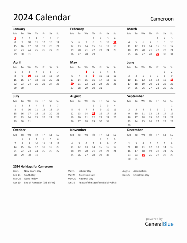 Standard Holiday Calendar for 2024 with Cameroon Holidays 