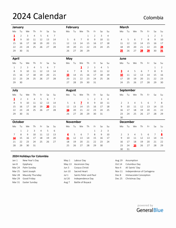 Standard Holiday Calendar for 2024 with Colombia Holidays 
